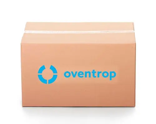 Brauner Karton mit der blauen Aufschrift "oventrop" und einem kreisförmigen Logo auf der Vorderseite.